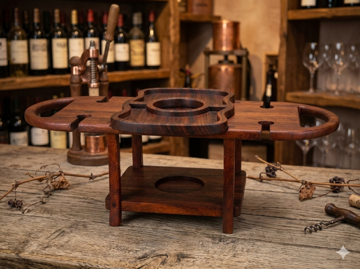 Handcrafted African Padauk Wine Caddy with Removable Charcuterie Serving Tray