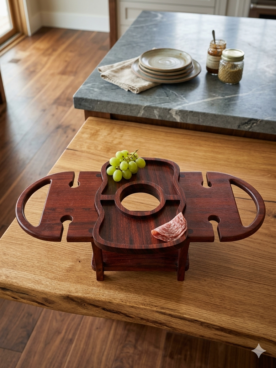 Handcrafted African Padauk Wine Caddy with Removable Charcuterie Serving Tray